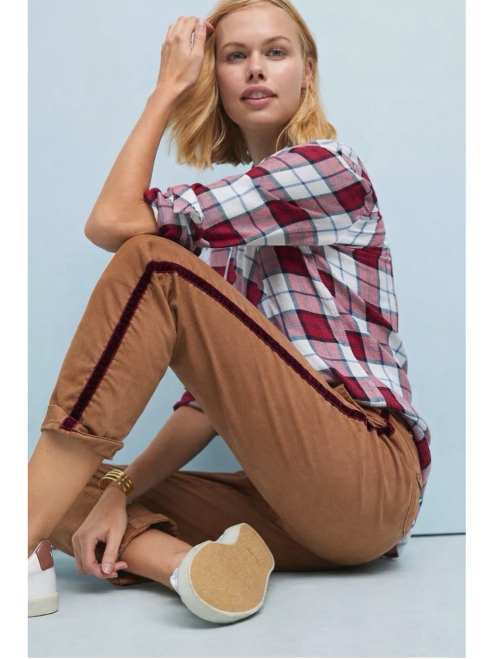Anthropologie Relaxed Chino Maroon Velvet Tuxedo Stripe Pants Women’s Sz 27 Fall